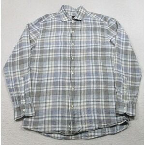 Ermenegildo Zegna Shirt Mens Large Blue Gray Plaid Linen Long Sleeve Button Down